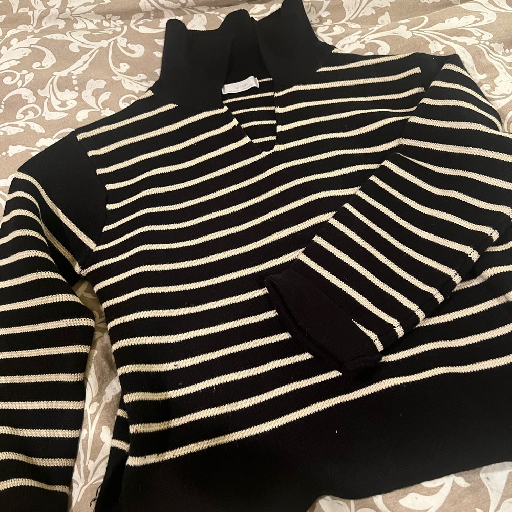 OAK + FORT Black and Cream Striped V-Neck Sweater